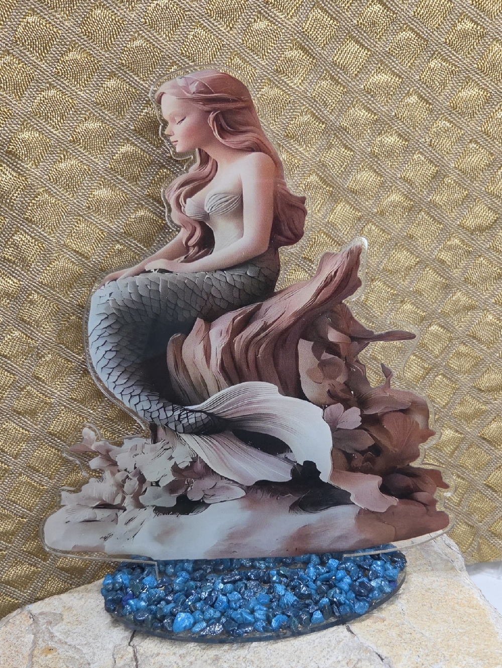 Elegant Mermaid Acrylic Stand Up Figurine in Pastel Pink and Gray Decor